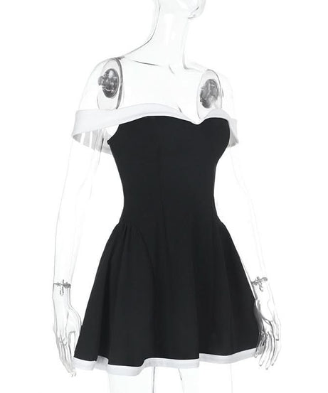 Chic Off-Shoulder Black & White Skater Mini Dress – Your Fall Party & Date Night Essential