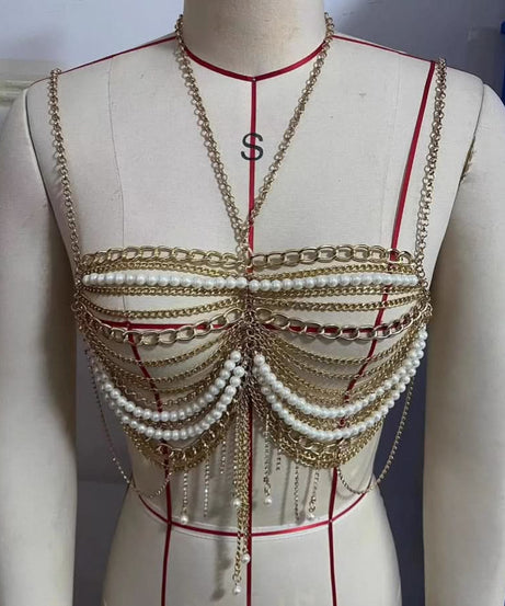 Opulent Pearl & Gold Draped Chain Body Bralette – Your Dazzling Holiday & NYE Statement