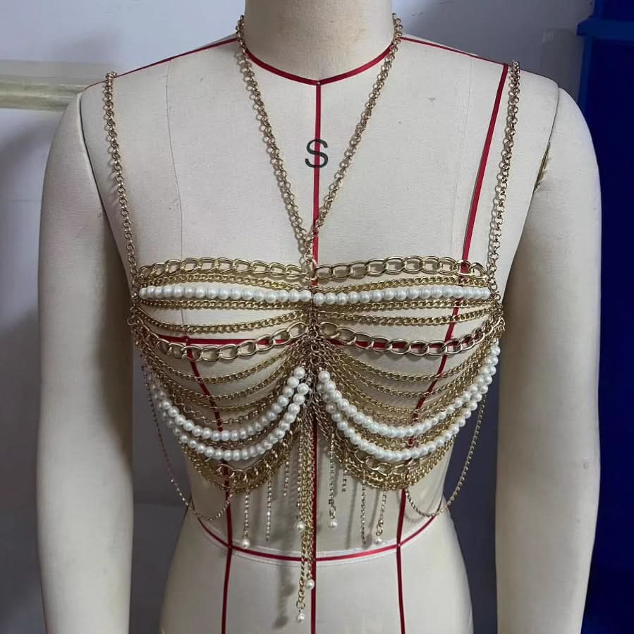 Opulent Pearl & Gold Draped Chain Body Bralette – Your Dazzling Holiday & NYE Statement