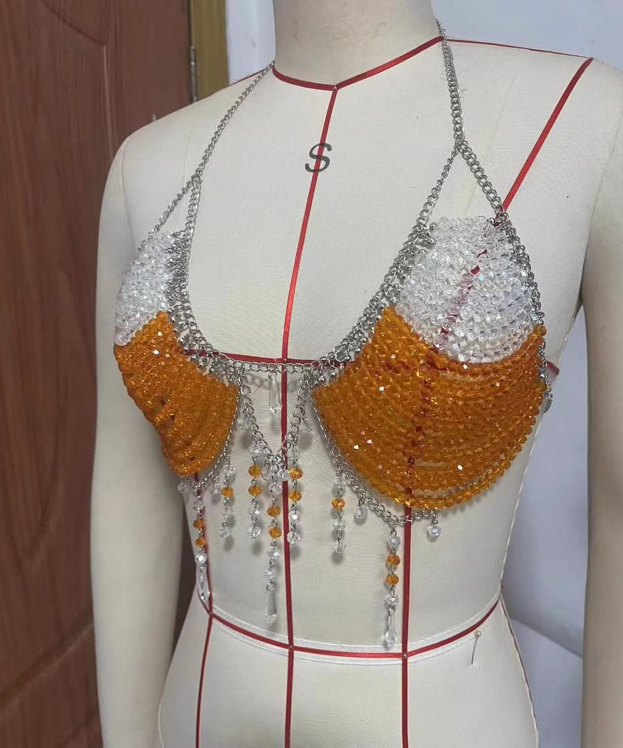 Cheers! Sparkling Beer Mug Beaded Halter Top - Your Ultimate Fall Festival & Party Statement Piece