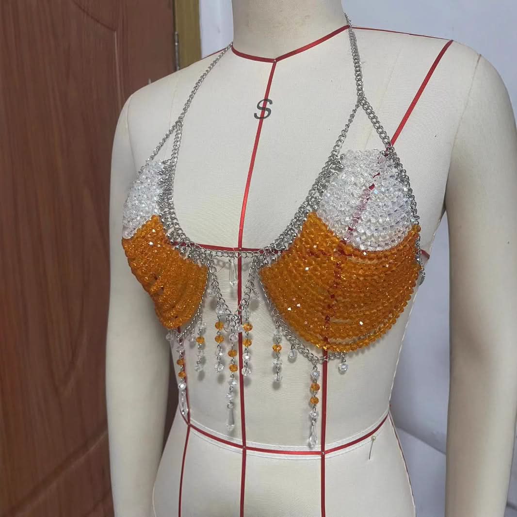 Cheers! Sparkling Beer Mug Beaded Halter Top - Your Ultimate Fall Festival & Party Statement Piece