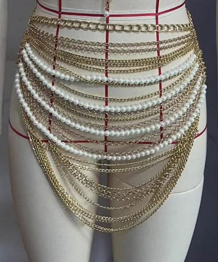 Opulent Pearl & Gold Draped Chain Body Bralette – Your Dazzling Holiday & NYE Statement