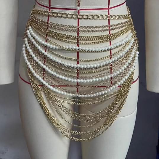 Opulent Pearl & Gold Draped Chain Body Bralette – Your Dazzling Holiday & NYE Statement
