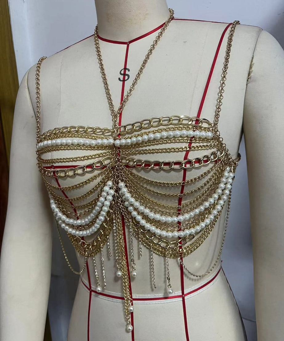 Opulent Pearl & Gold Draped Chain Body Bralette – Your Dazzling Holiday & NYE Statement