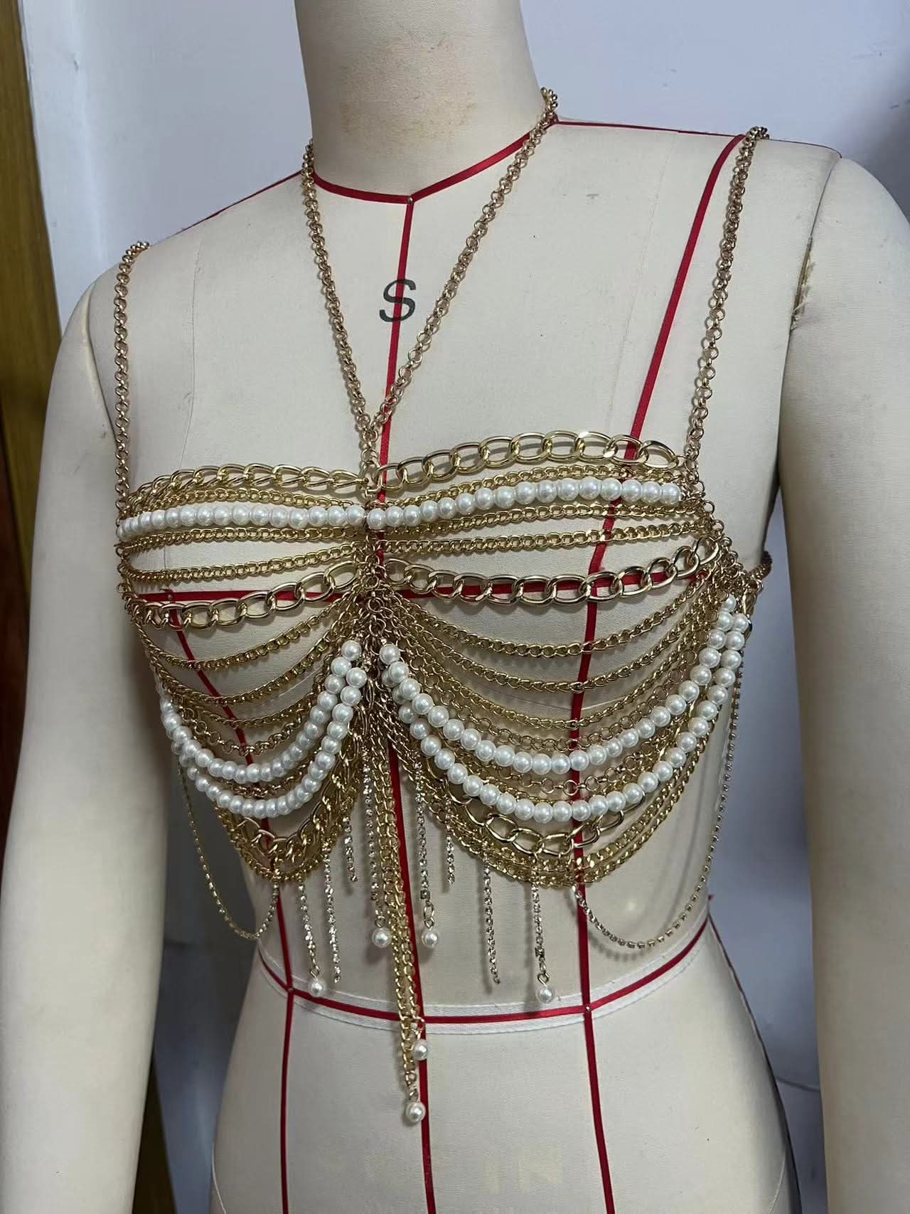 Opulent Pearl & Gold Draped Chain Body Bralette – Your Dazzling Holiday & NYE Statement