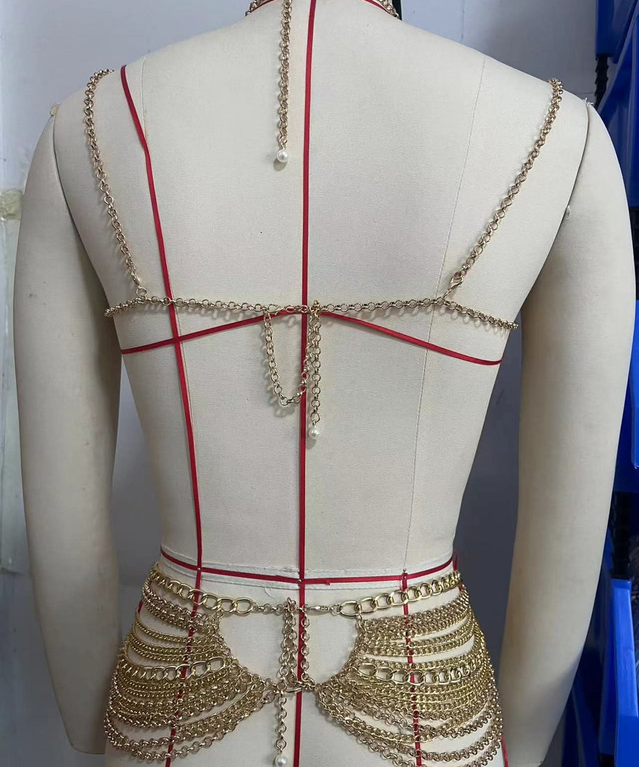 Opulent Pearl & Gold Draped Chain Body Bralette – Your Dazzling Holiday & NYE Statement
