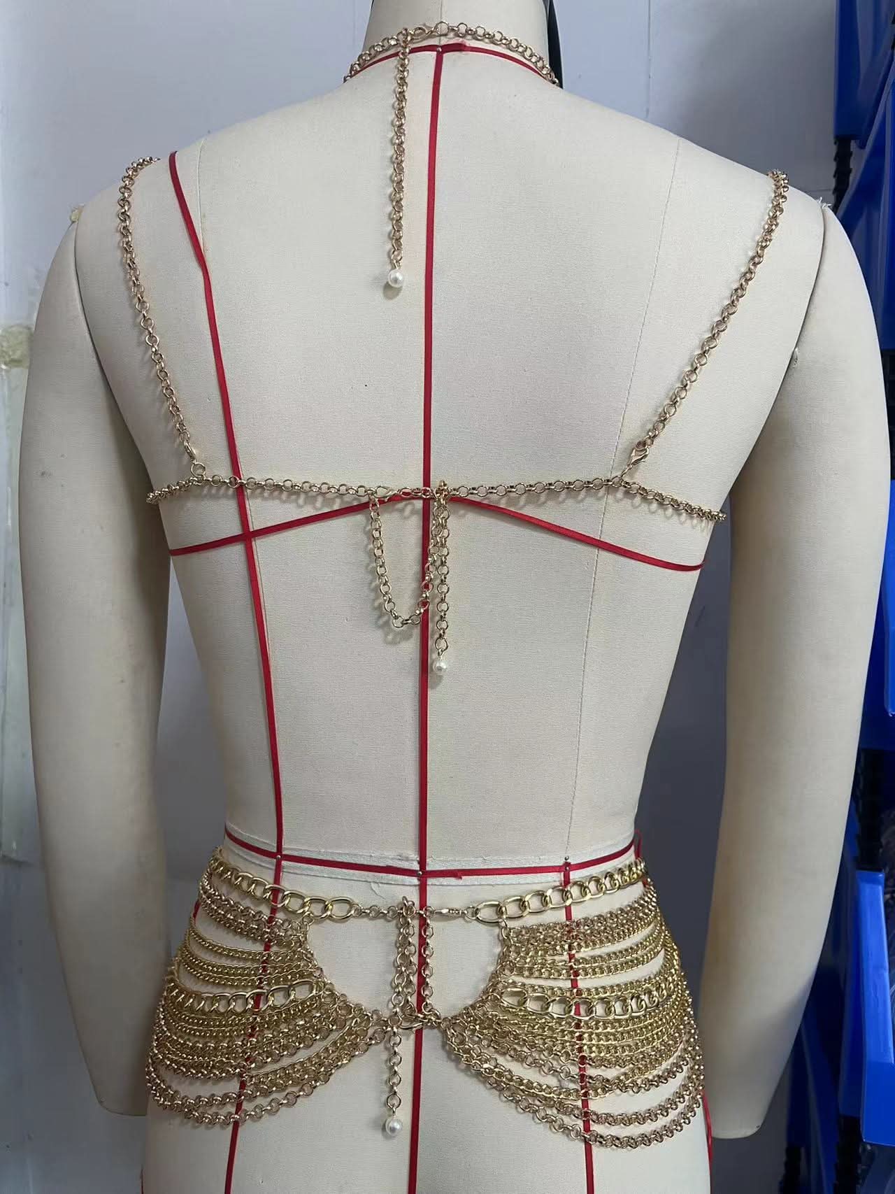 Opulent Pearl & Gold Draped Chain Body Bralette – Your Dazzling Holiday & NYE Statement