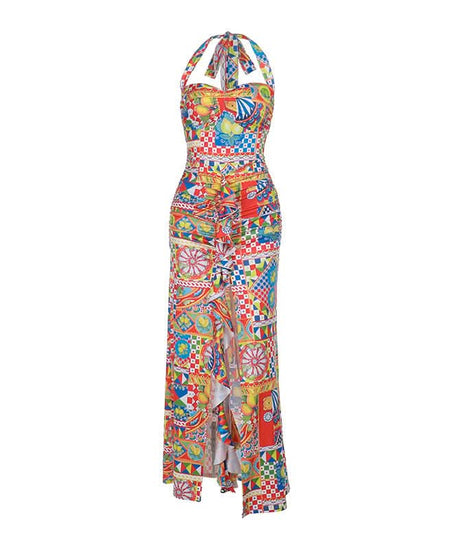 Vibrant Mediterranean Tile Halter Maxi Dress - Your Chic Resort & Winter Getaway Essential