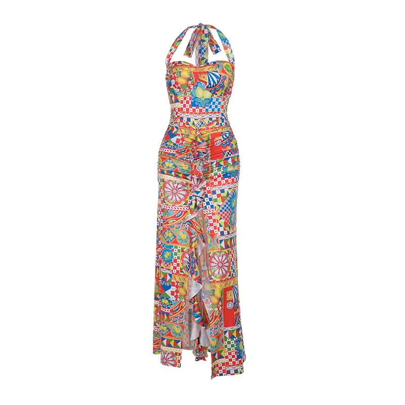 Vibrant Mediterranean Tile Halter Maxi Dress - Your Chic Resort & Winter Getaway Essential