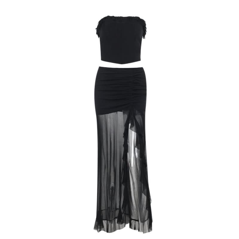 Sultry Black Ruched Mesh Maxi Skirt Set with Slit | Chic Tube Top & Sheer Skirt for Fall & Holiday Parties