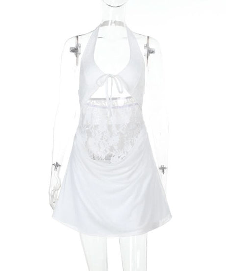 Sultry White Lace Halter Mini Dress with Cutouts – Your Halloween Party & Tropical Getaway Must-Have