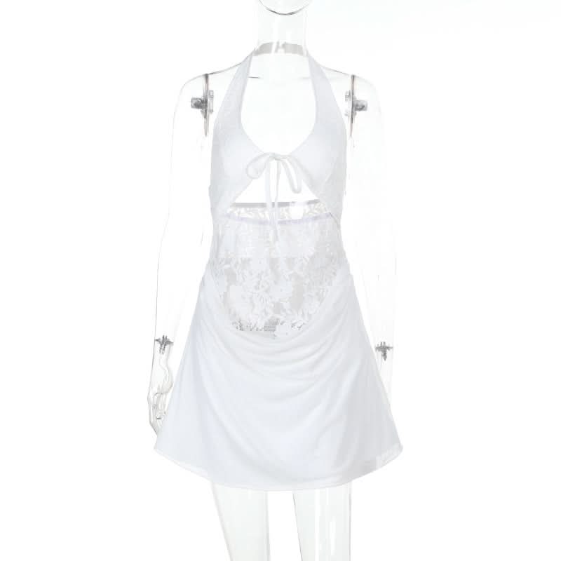 Sultry White Lace Halter Mini Dress with Cutouts – Your Halloween Party & Tropical Getaway Must-Have