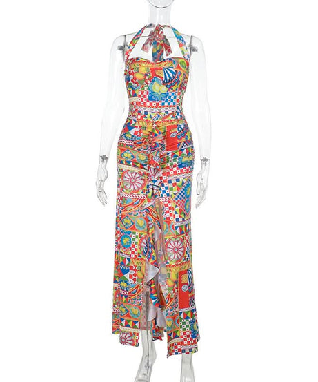 Vibrant Mediterranean Tile Halter Maxi Dress - Your Chic Resort & Winter Getaway Essential