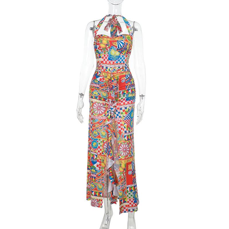 Vibrant Mediterranean Tile Halter Maxi Dress - Your Chic Resort & Winter Getaway Essential