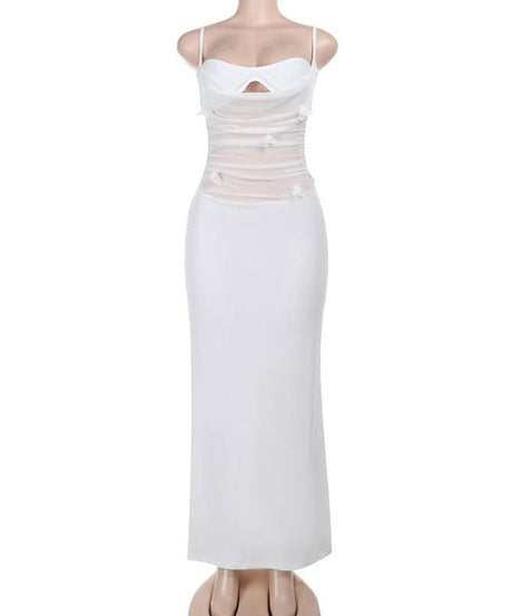 Ethereal White Floral Cut-Out Maxi Dress – Ruched Glamour for Holiday Parties & New Year's Eve