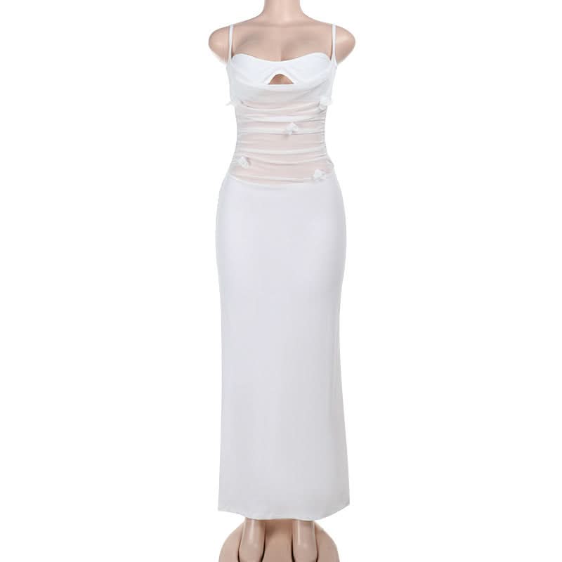 Ethereal White Floral Cut-Out Maxi Dress – Ruched Glamour for Holiday Parties & New Year's Eve