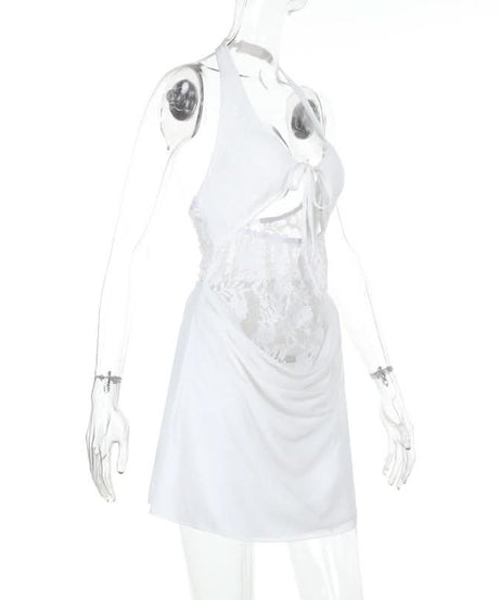 Sultry White Lace Halter Mini Dress with Cutouts – Your Halloween Party & Tropical Getaway Must-Have