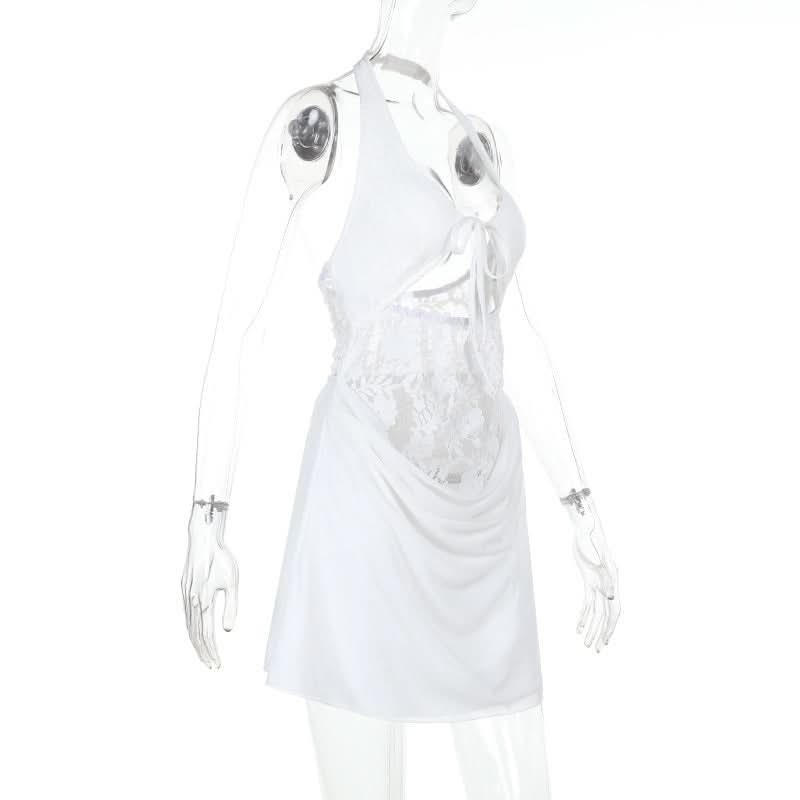 Sultry White Lace Halter Mini Dress with Cutouts – Your Halloween Party & Tropical Getaway Must-Have