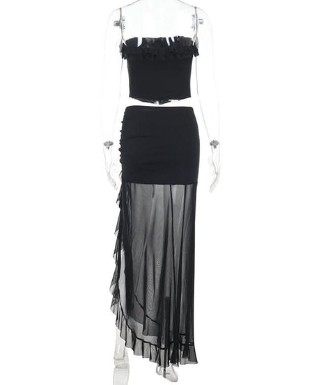 Sultry Black Ruched Mesh Maxi Skirt Set with Slit | Chic Tube Top & Sheer Skirt for Fall & Holiday Parties