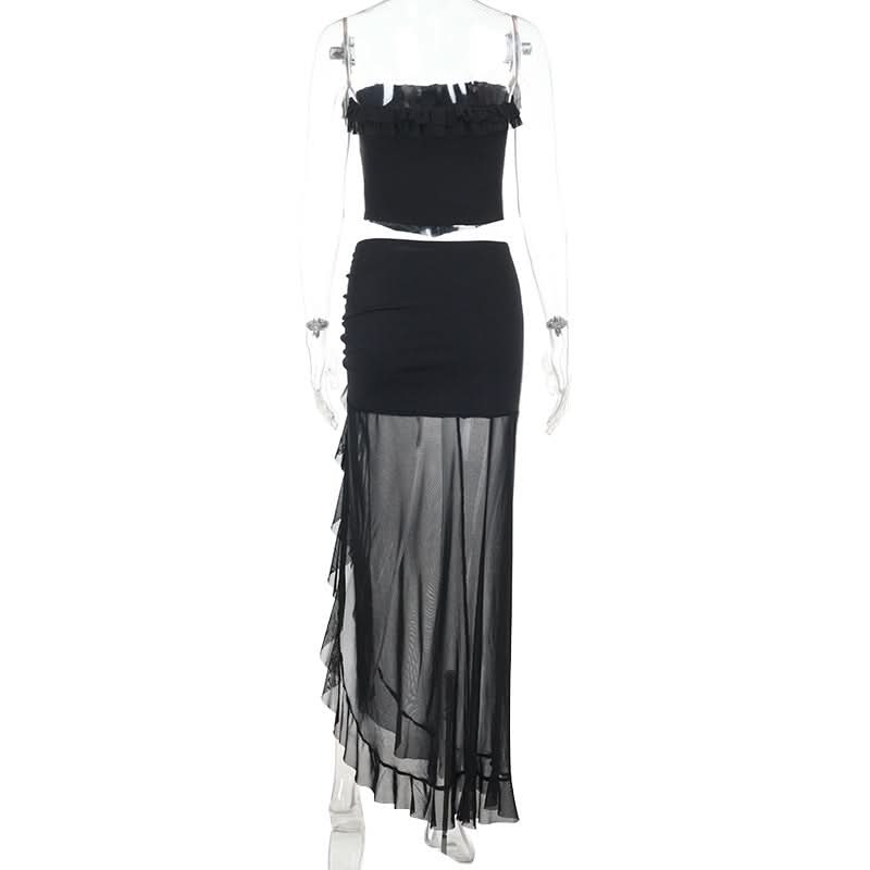 Sultry Black Ruched Mesh Maxi Skirt Set with Slit | Chic Tube Top & Sheer Skirt for Fall & Holiday Parties
