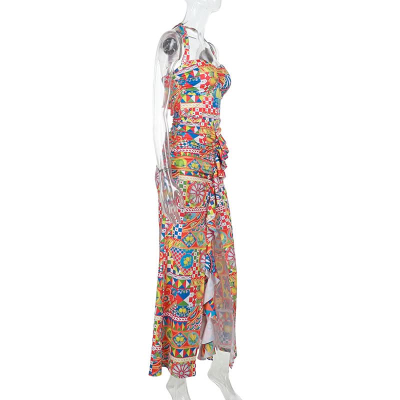 Vibrant Mediterranean Tile Halter Maxi Dress - Your Chic Resort & Winter Getaway Essential