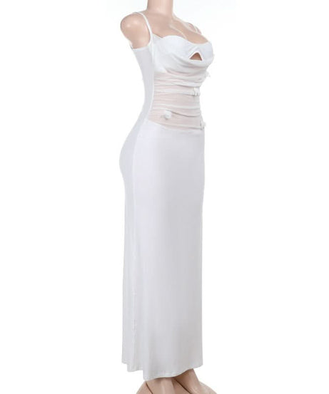 Ethereal White Floral Cut-Out Maxi Dress – Ruched Glamour for Holiday Parties & New Year's Eve