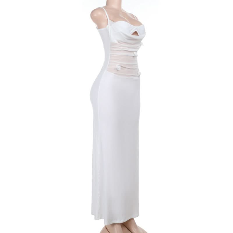 Ethereal White Floral Cut-Out Maxi Dress – Ruched Glamour for Holiday Parties & New Year's Eve