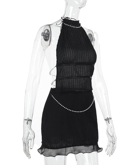Trendy Black Ribbed Halter Mini Skirt Set with Dazzling Pearl Accents - Fall Night Out & Halloween Party Ready