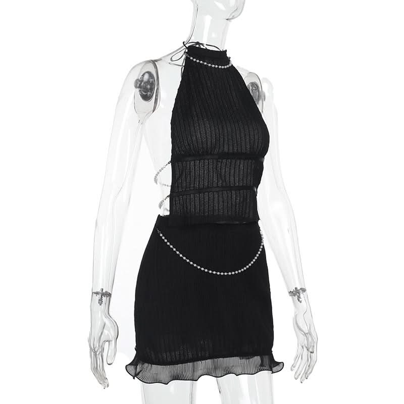 Trendy Black Ribbed Halter Mini Skirt Set with Dazzling Pearl Accents - Fall Night Out & Halloween Party Ready