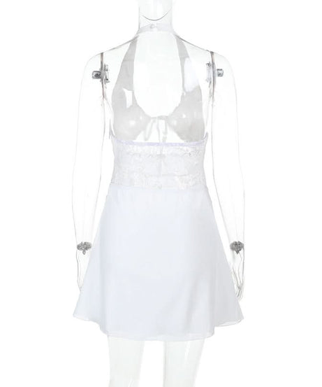 Sultry White Lace Halter Mini Dress with Cutouts – Your Halloween Party & Tropical Getaway Must-Have