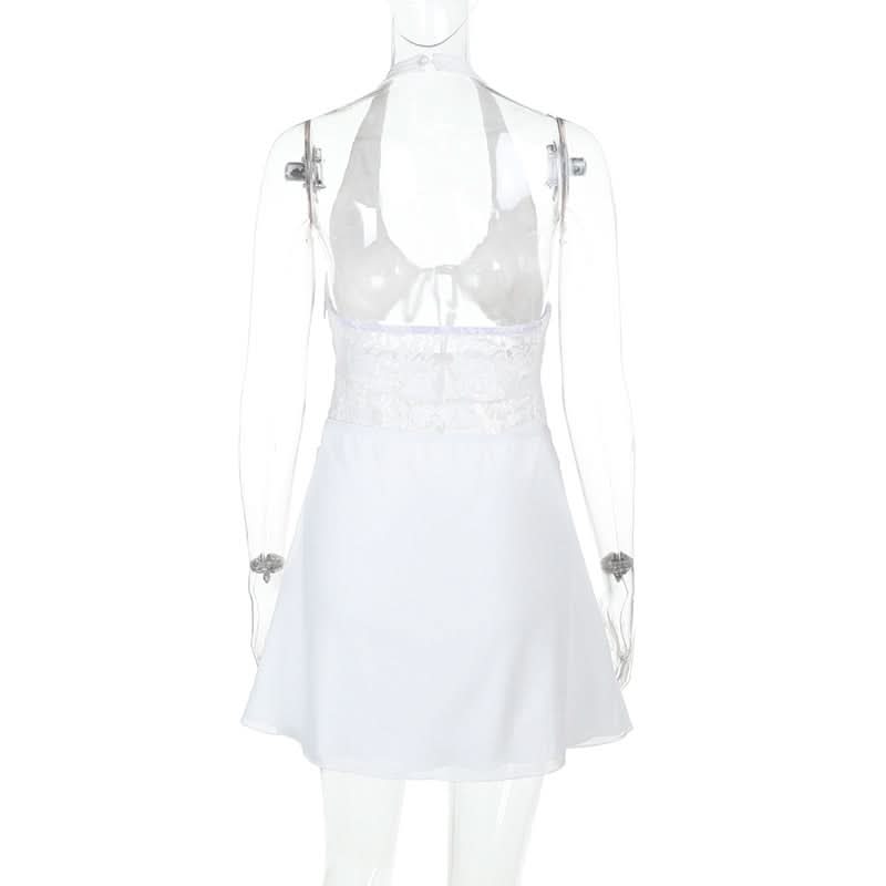 Sultry White Lace Halter Mini Dress with Cutouts – Your Halloween Party & Tropical Getaway Must-Have