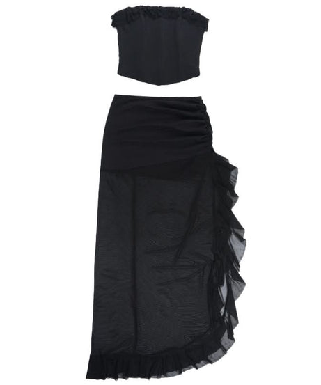 Sultry Black Ruched Mesh Maxi Skirt Set with Slit | Chic Tube Top & Sheer Skirt for Fall & Holiday Parties