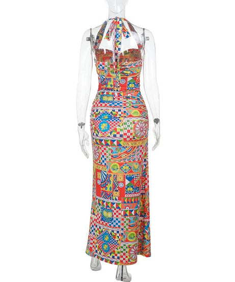 Vibrant Mediterranean Tile Halter Maxi Dress - Your Chic Resort & Winter Getaway Essential
