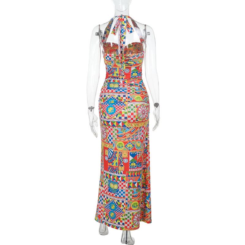 Vibrant Mediterranean Tile Halter Maxi Dress - Your Chic Resort & Winter Getaway Essential
