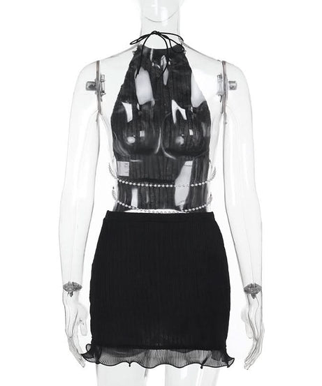 Trendy Black Ribbed Halter Mini Skirt Set with Dazzling Pearl Accents - Fall Night Out & Halloween Party Ready