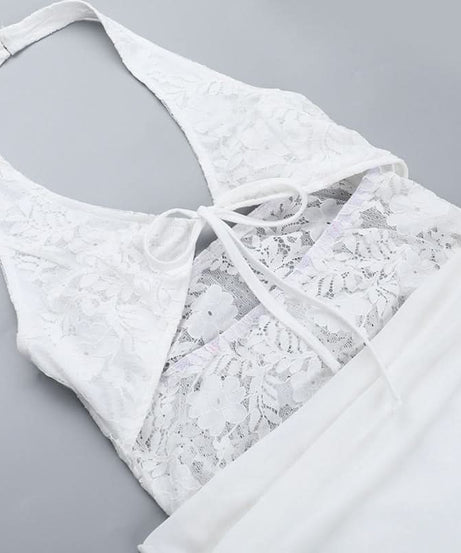 Sultry White Lace Halter Mini Dress with Cutouts – Your Halloween Party & Tropical Getaway Must-Have