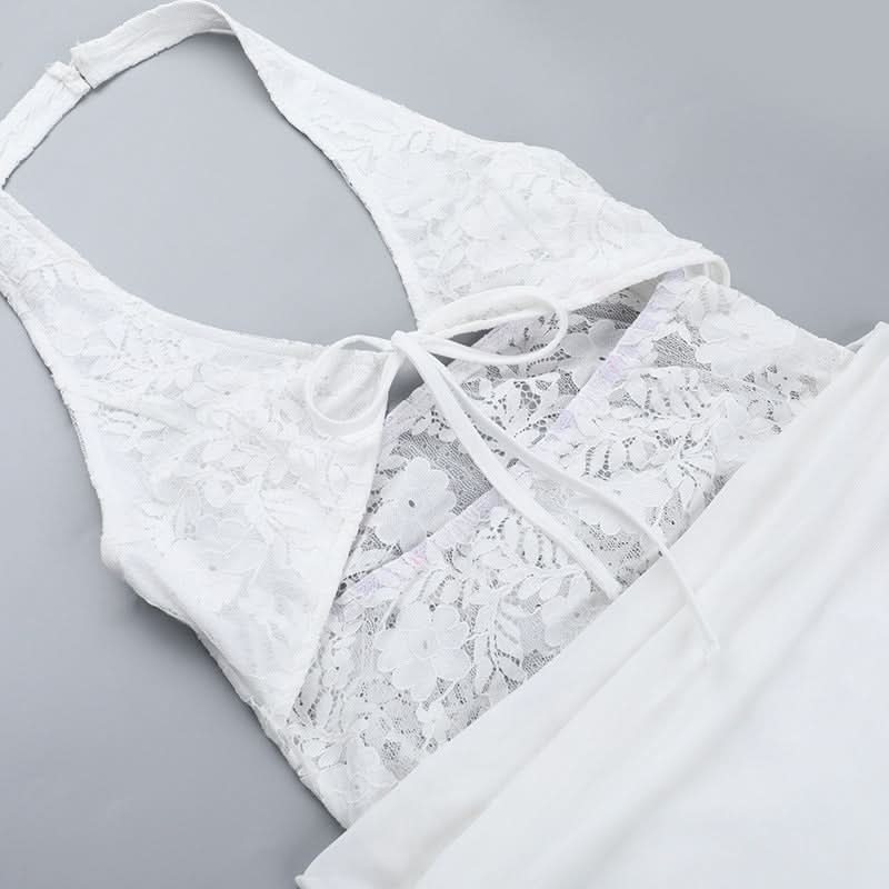 Sultry White Lace Halter Mini Dress with Cutouts – Your Halloween Party & Tropical Getaway Must-Have