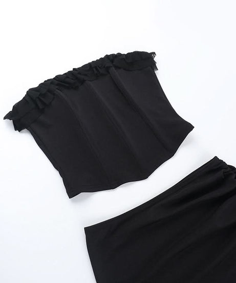 Sultry Black Ruched Mesh Maxi Skirt Set with Slit | Chic Tube Top & Sheer Skirt for Fall & Holiday Parties