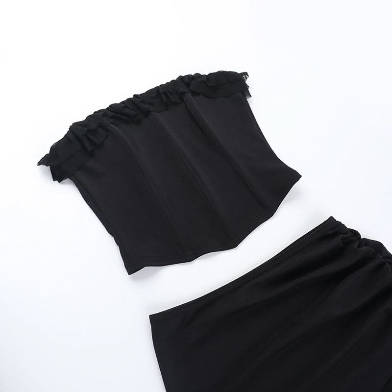 Sultry Black Ruched Mesh Maxi Skirt Set with Slit | Chic Tube Top & Sheer Skirt for Fall & Holiday Parties