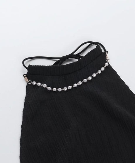 Trendy Black Ribbed Halter Mini Skirt Set with Dazzling Pearl Accents - Fall Night Out & Halloween Party Ready