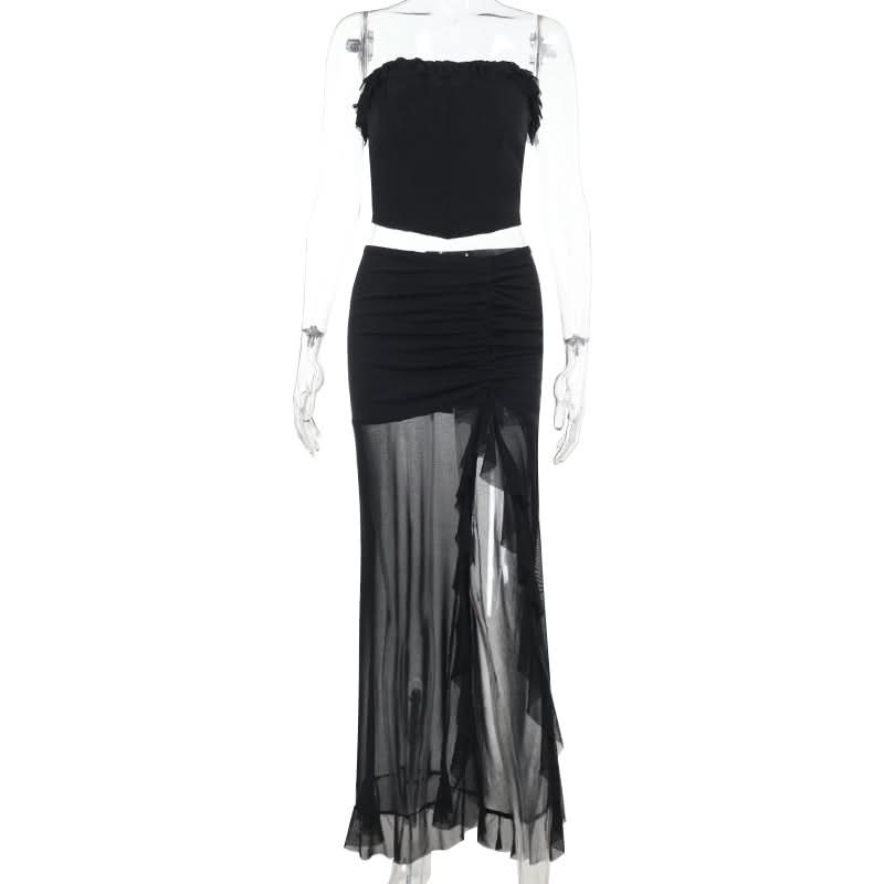 Sultry Black Ruched Mesh Maxi Skirt Set with Slit | Chic Tube Top & Sheer Skirt for Fall & Holiday Parties
