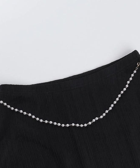 Trendy Black Ribbed Halter Mini Skirt Set with Dazzling Pearl Accents - Fall Night Out & Halloween Party Ready