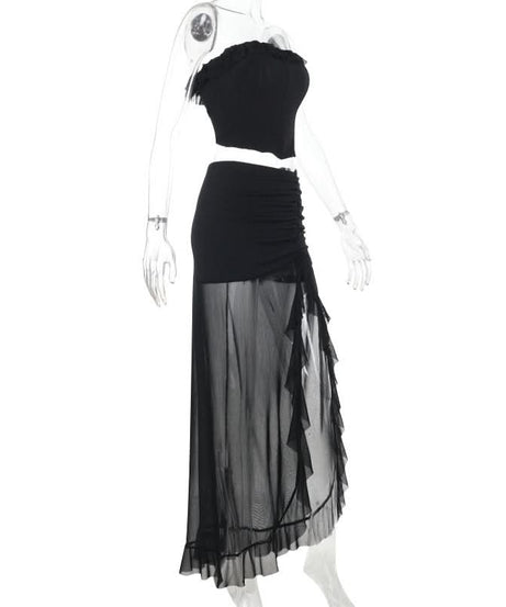 Sultry Black Ruched Mesh Maxi Skirt Set with Slit | Chic Tube Top & Sheer Skirt for Fall & Holiday Parties