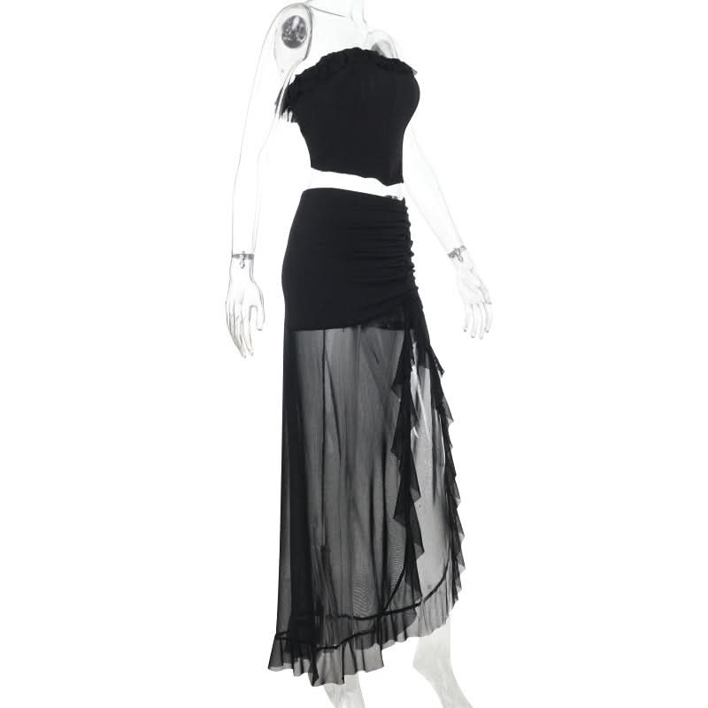 Sultry Black Ruched Mesh Maxi Skirt Set with Slit | Chic Tube Top & Sheer Skirt for Fall & Holiday Parties
