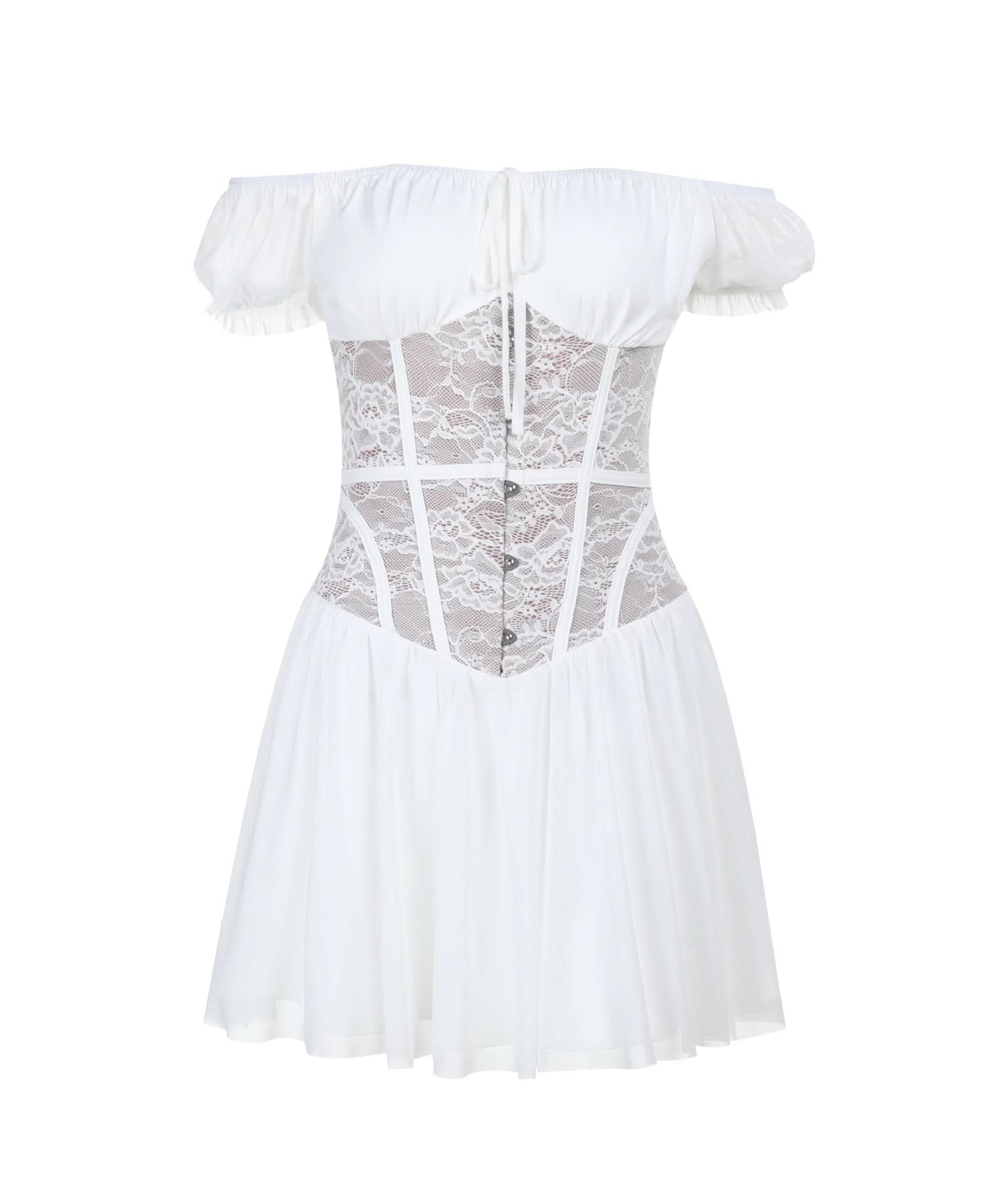 Enchanting White Lace Corset Mini Dress - Off-Shoulder Romantic Fall Party & Date Night