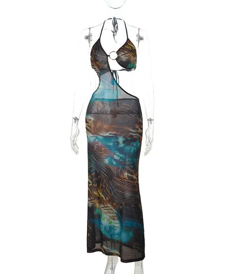 Destination Diva: O-Ring Halter Cut-Out Maxi Dress - Abstract Swirl Print for Resort Glam & Tropical Escapes