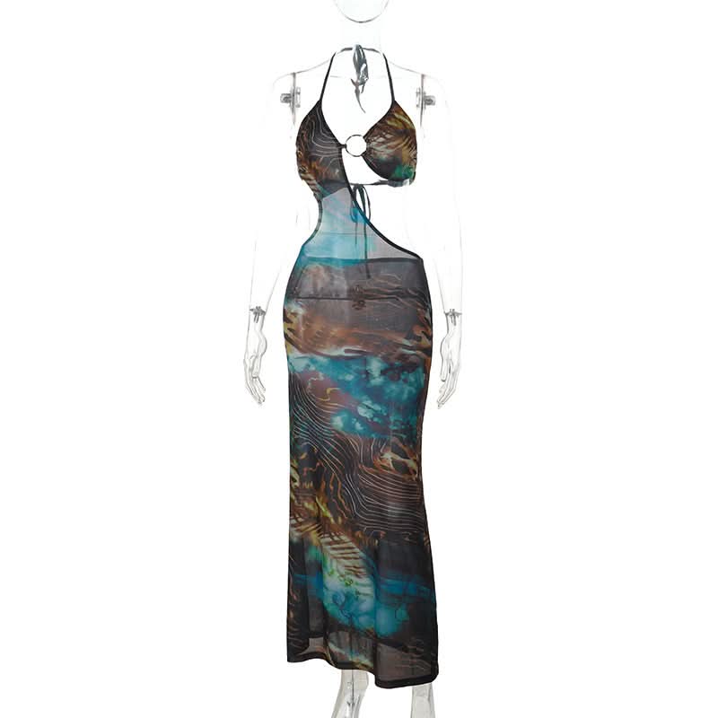 Destination Diva: O-Ring Halter Cut-Out Maxi Dress - Abstract Swirl Print for Resort Glam & Tropical Escapes