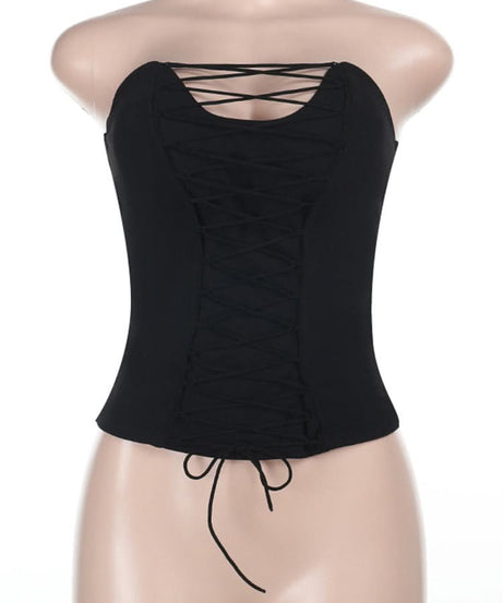 Autumn Edge Black Lace-Up Backless Bodice Top - Chic Fall Nights & Halloween Ready