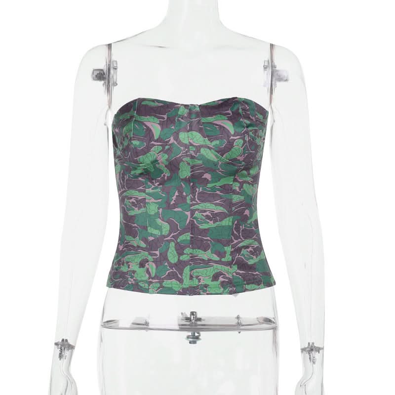 Chic Botanical Camo Strapless Backless Bustier Top - Fall Statement Style