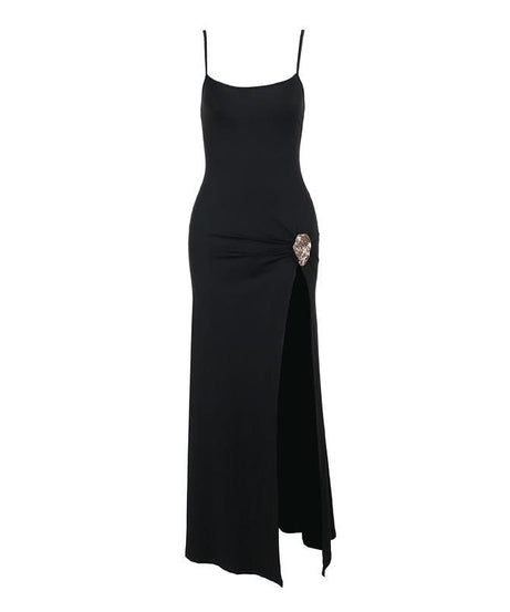 The 'Starlet' Black High-Slit Maxi Dress with Statement Ruched Buckle - Perfect for Fall & Holiday Parties